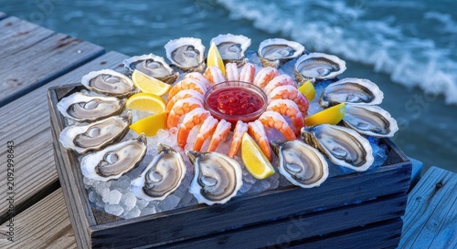 Fresh Seafood Platter with Oysters, Shrimp, and Lemon