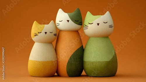 Wooden Cat Figurines Trio