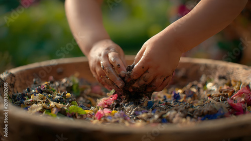 Little hands mix dark mud and vibrant flower petals inside a wooden bowl, engaging in creative sensory play and developmental outdoor activities in nature.