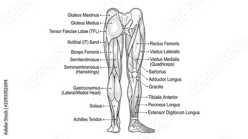Bild auf Leinwand Anatomical Illustration of Human Leg Muscles with Labels