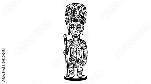 Εκτύπωση καμβά African Tribal Statue Icon, Ancient Warrior King, Black and White Line Art