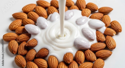 Creamy Almond Milk Pouring Over Whole Almonds