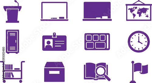 Cuadro en lienzo Purple business icons set, 12 commercial symbols, office equipment, web and comm