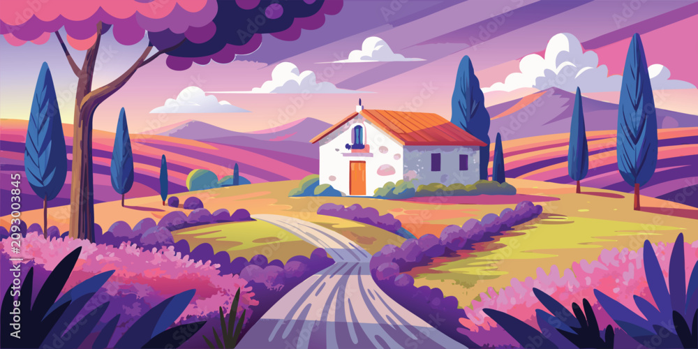 Fototapeta premium Scenic landscape with a small house in a field of lavender flowers under a colorful sunset sky view