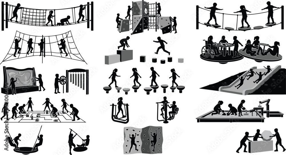 Fototapeta premium Children playing on diverse playground equipment silhouettes set featuring climbing walls, slides, swings, and inclusive activities