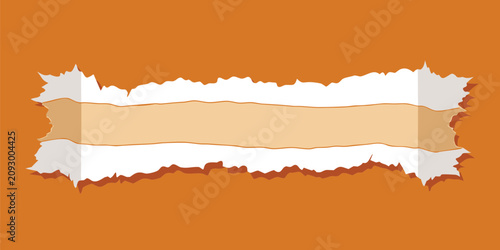 Torn paper banner with rough edges on an orange background, flat ripped