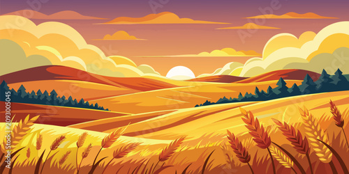 Golden wheat field at sunset with rolling hills and warm hued clouds in the evening sky harvest