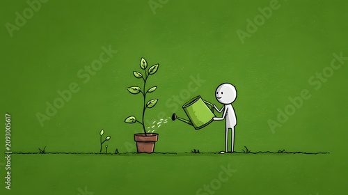 AI Generated Stick Figure Watering Plant Growth Illustration