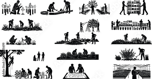 Cuadro en lienzo Professional landscaping and horticulture silhouettes set featuring gardening tr