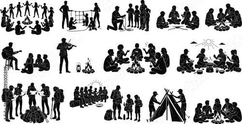 Scouting and outdoor camping activities silhouettes set featuring campfire scenes hiking tent setup and youth skill learning