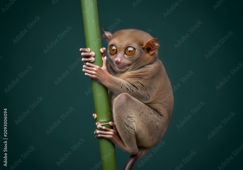 Fototapeta premium A small primate with large expressive eyes clings to a green stalk showcasing its delicate paws and furry physique against a muted verdant backdrop conveying a sense of wonder and gentle