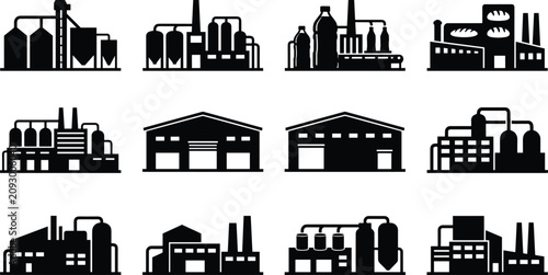 Set of black industrial factory icons featuring manufacturing plants warehouses silos and food processing facility silhouettes