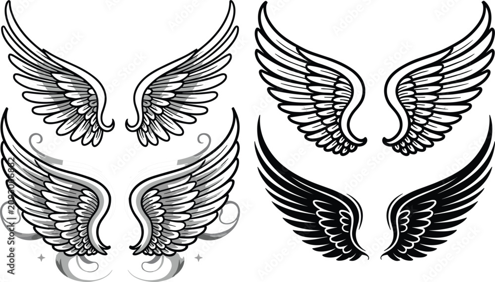 Fototapeta premium Vintage heraldic wings vector set with black and white eagle feather emblems for biker tattoo designs
