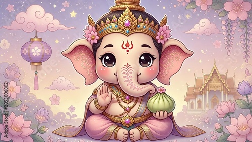 Charming cartoon ganesh character surrounded by flowers and clouds in a whimsical style with a serene background