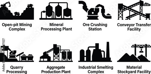 Set of professional black industrial icons for mining mineral processing smelting and material handling facility infographics