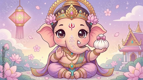 Cute cartoon elephant character with traditional attire and lotus flowers in a serene landscape setting