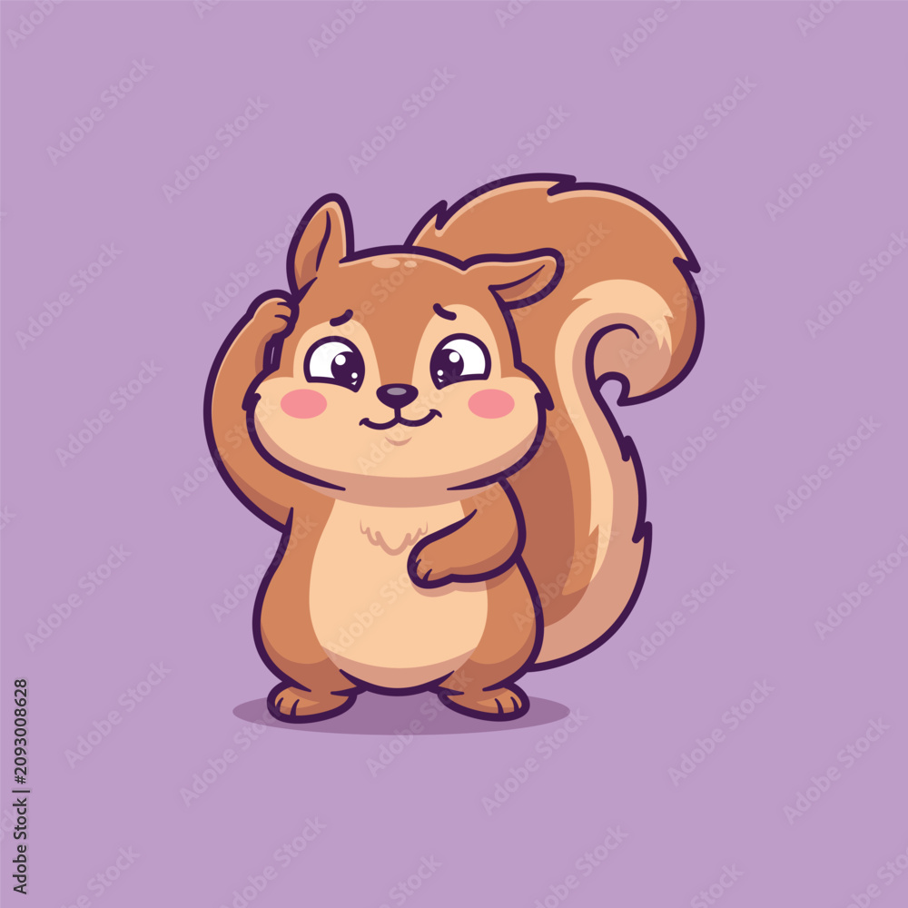 Fototapeta premium Cute Cartoon Squirrel Standing Upright with Hand on Head and Pink Cheeks Whimsical Forest Animal Vector Illustration