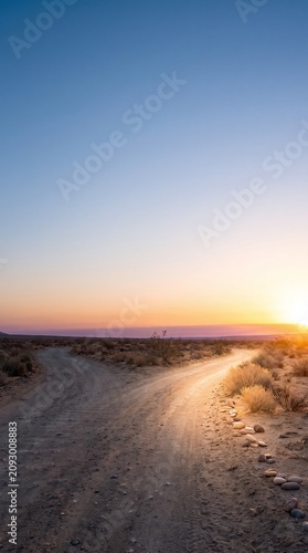 A dusty desert road splits into two paths at sunset under a clear sky dirt road