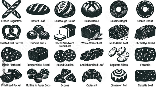 Foto Bakery Bread and Pastry Silhouette Icon Set with Baguette Sourdough Pretzel Croi