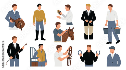 Foto Men in equestrian attire preparing for horse riding.