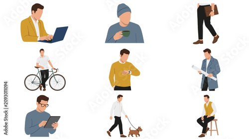 Men performing daily tasks and digital lifestyle activities.