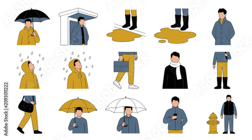 Bild auf Leinwand People dressed for rainy weather with umbrellas and raincoats.