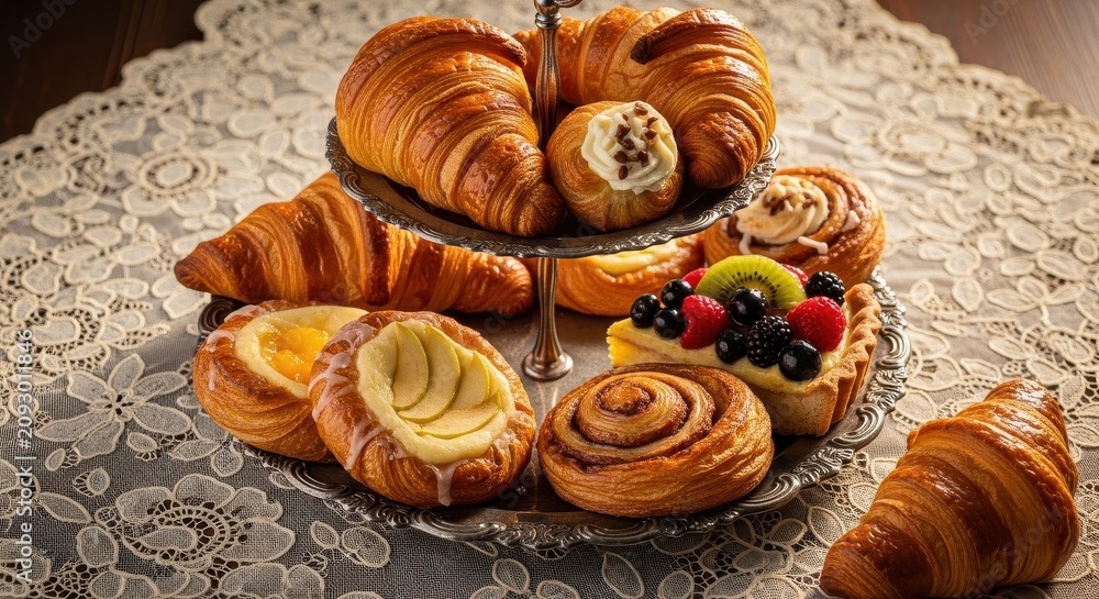 Fototapeta premium Assortment of Freshly Baked Pastries and Croissants on a Serving Tray