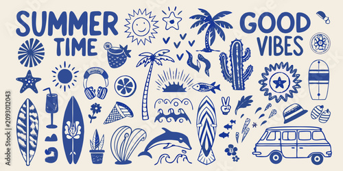 Fényképezés Retro styled summer beach illustration featuring surfboards palm trees and marin