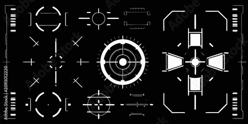 Futuristic Heads Up Display Elements White Vector Icons On Black Background Sci Fi Interface Components sci fi heads up