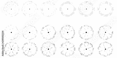 Bild auf Leinwand Fifteen top down tree plan views in grayscale depicting varying canopy shapes ag