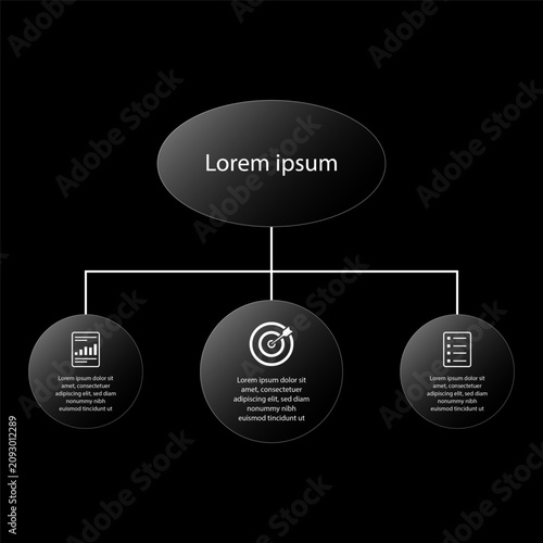 Dark Glassmorphism Hierarchy Infographic Template with Organizational Structure and Circular Information Nodes