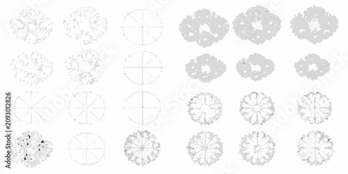 Konstfotografi Fifteen hand drawn tree crown silhouettes on a white background showcasing diver