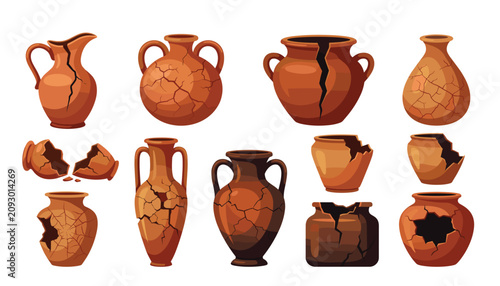 Broken clay pot and ancient amphora vector cartoon set. Ceramic vase, cracked jug, archaeological artifact, antique pottery pieces, historical vessel and museum ruin elements.