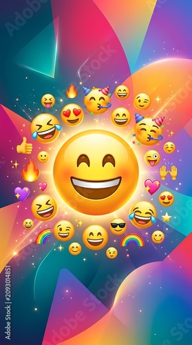 Vibrant and joyful emoji explosion on a colorful gradient background.