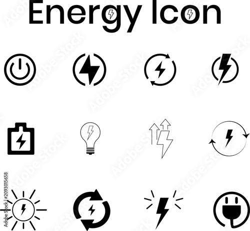 Minimalist Black and White Energy and Power Icons Vector Set.
