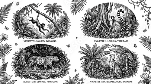 Photography Vintage Jungle Wildlife Vignette Vector Set with Engraving Illustrations of Monk