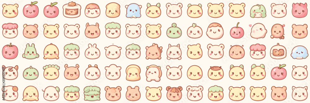 Obraz premium Cute kawaii style faces set featuring small smiling characters and food in pastel colors on a light beige background