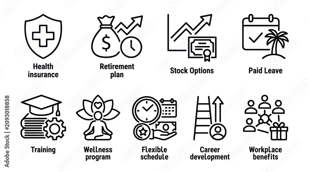 Fototapeta premium Employee benefits and corporate workplace perk icons.