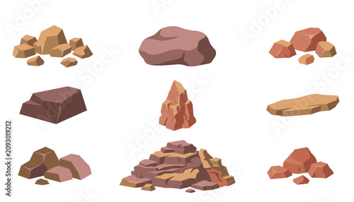 Konstfotografi Rock and stone boulder flat vector cartoon illustration set