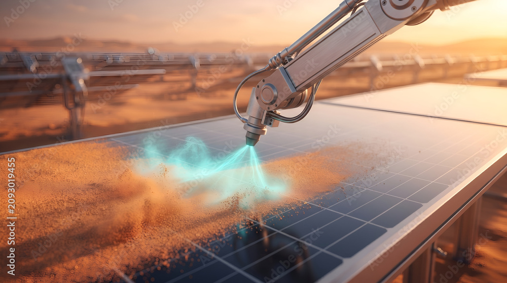 Fototapeta premium Automated robotic arm cleaning sand and dust off solar panels with compressed air at a desert solar power plant