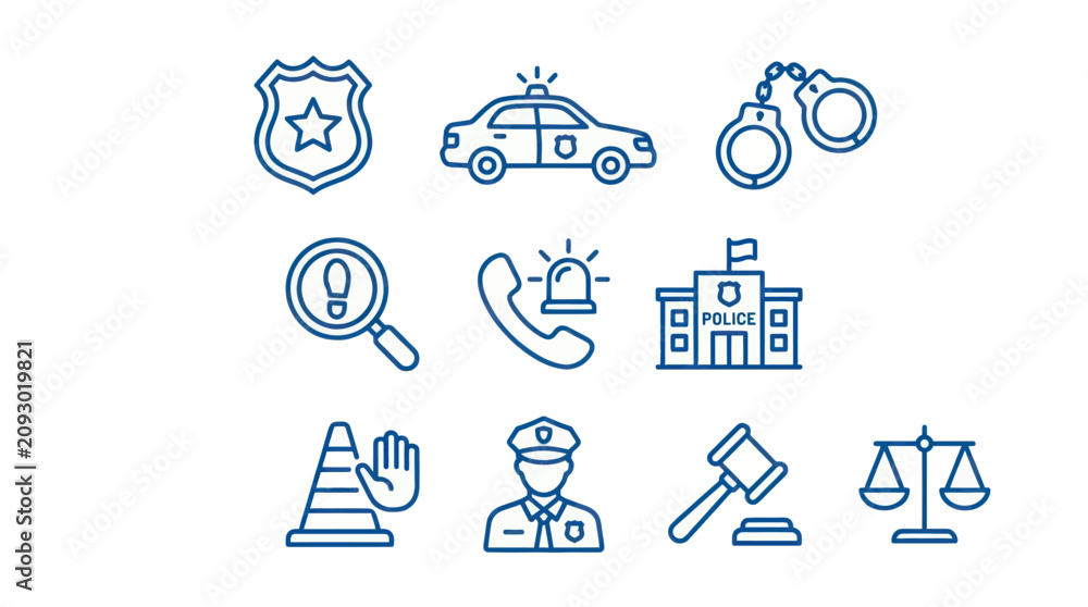 Fototapeta premium Law enforcement and justice system blue line icons.