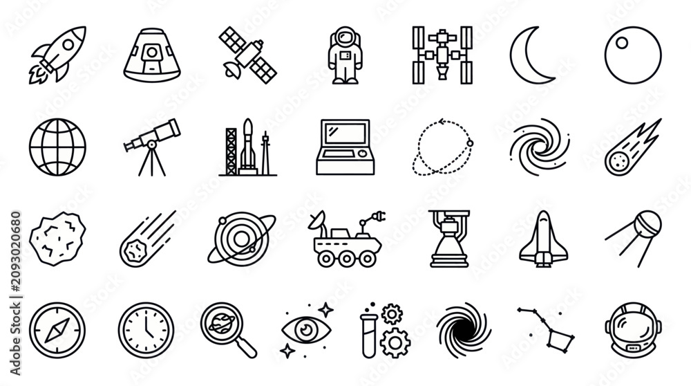 Naklejka premium Space exploration and astronomy outline icon set.