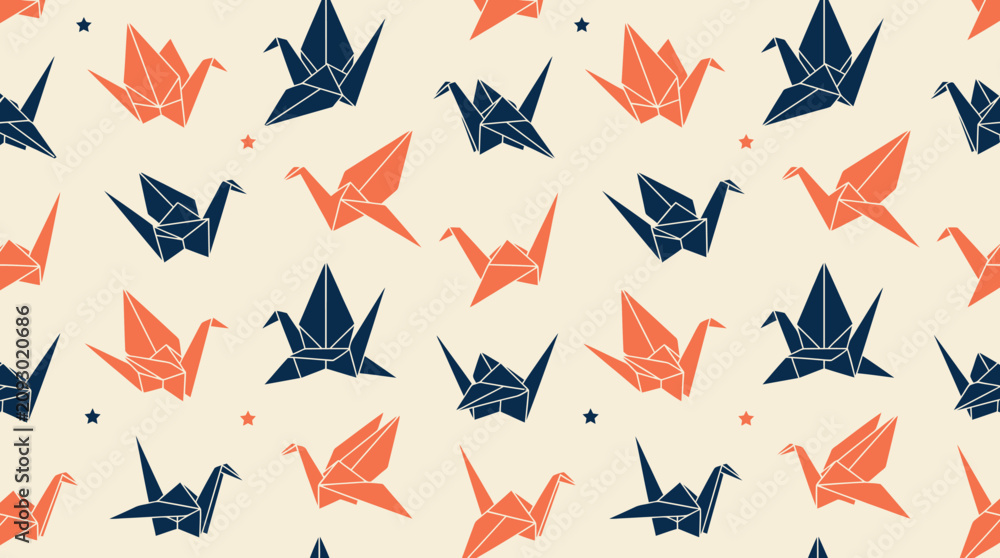 Fototapeta premium The image features a decorative pattern design of colorful origami cranes on a cream background.
