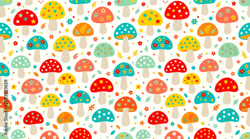 Cuadro en lienzo Vibrant Decorative Pattern Design featuring a whimsical array of mushrooms and floral elements in a lively Decorative Pattern Design
