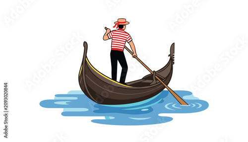 vector Gondolier man wearing traditional striped shirt rowing gondola on water isolated on white background