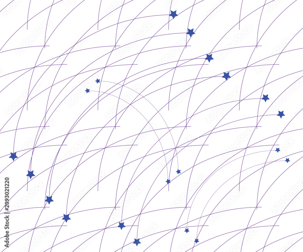 Fototapeta premium Abstract starry night background. Purple lines and blue stars on white. Celestial graphic design element