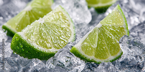 Fresh lime wedges surrounded by ice cubes on a dark background