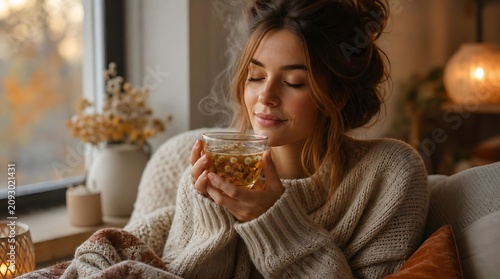 Young woman finds ultimate relaxation and cozy comfort at home, savoring a steaming hot beverage during a tranquil autumn or winter evening by the window light