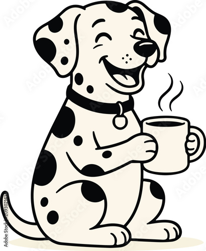 vector Happy Dalmatian puppy holding warm mug of coffee vector illustration isolated on white background