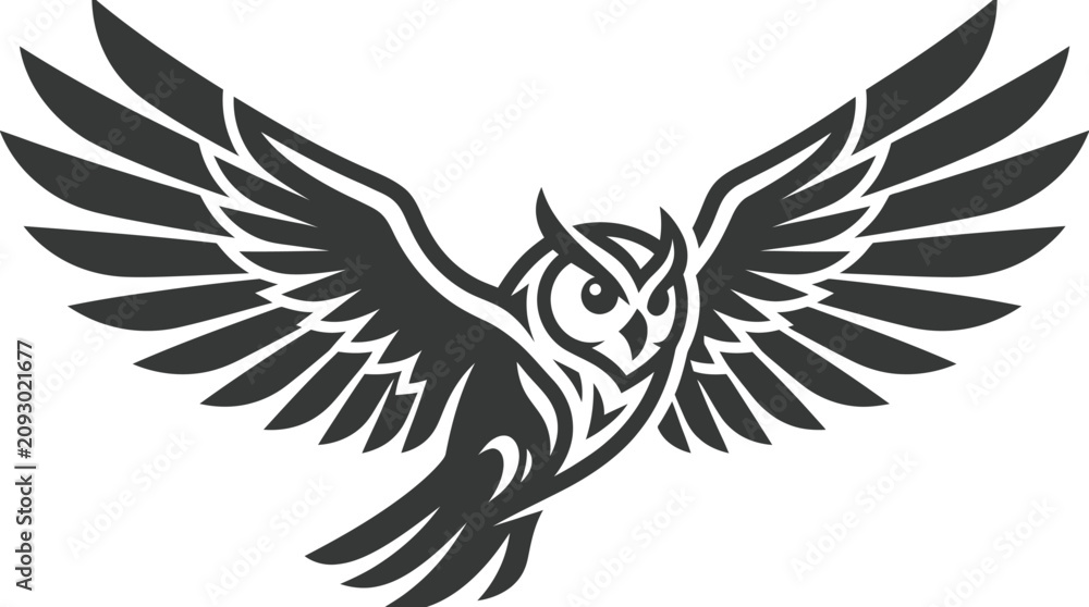 Fototapeta premium Black and white stylized owl flying.